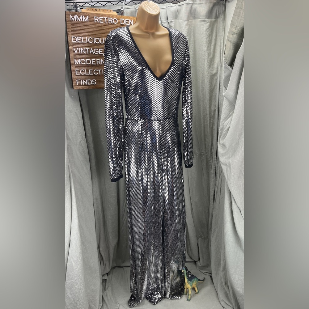 Shinesty Retro 70s-Inspired Silver Disco Long Sleeve Flared Jumpsuit/Pantsuit 0